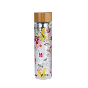 Double wall thick bottom glass water bottle with bamboo lid fruit infuser water bottle