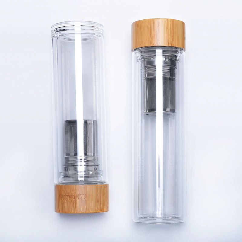 Petolar Manufacturer 400ml 500ml Double Wall Tea Infuser Glass Water Bottle Cup with Bamboo Lid