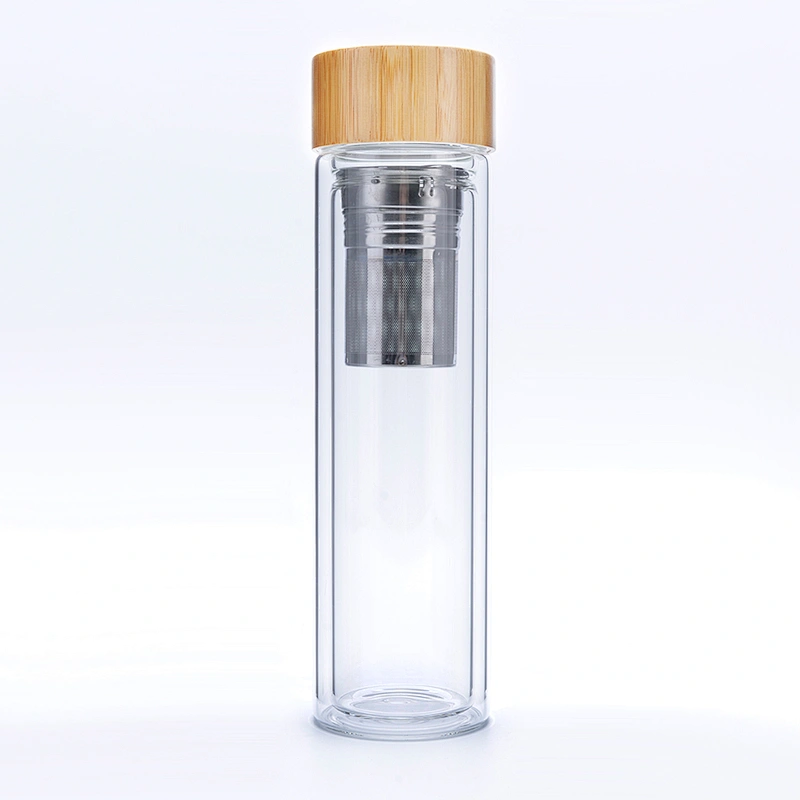 OEM 500ml Reusable Private Label Tea Infuser Glass Water Bottle with Bamboo Lid
