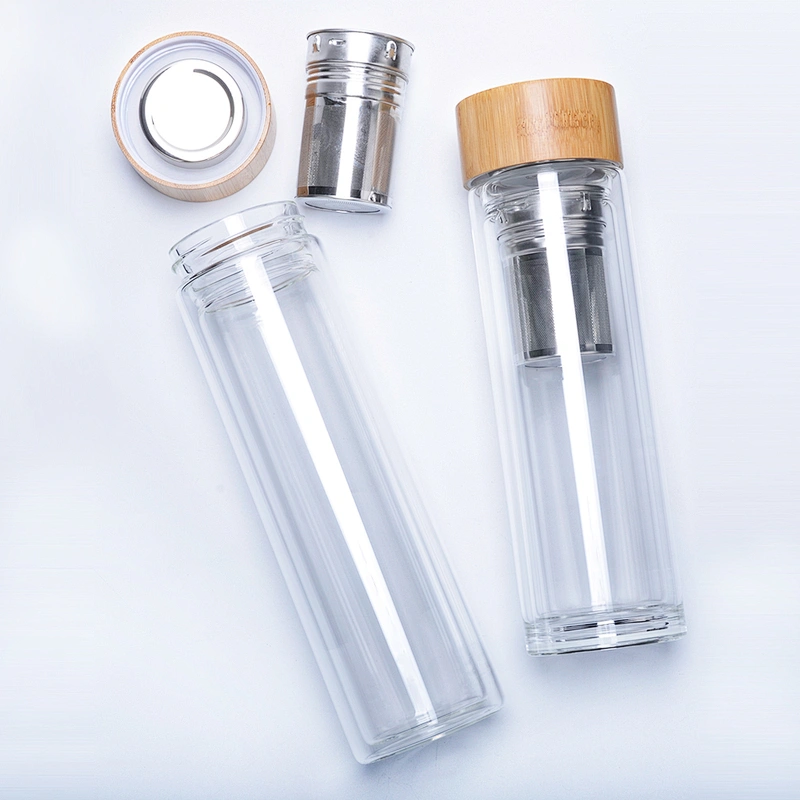 Petolar Manufacturer 400ml 500ml Double Wall Tea Infuser Glass Water Bottle Cup with Bamboo Lid