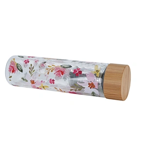 Double wall thick bottom glass water bottle with bamboo lid fruit infuser water bottle