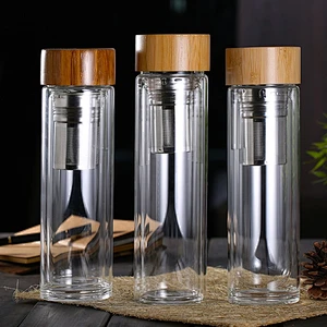 400ml 500ml Bamboo Lid Double wall Borosilicate Glass Tea Infuser Tumbler Mug With Strainer