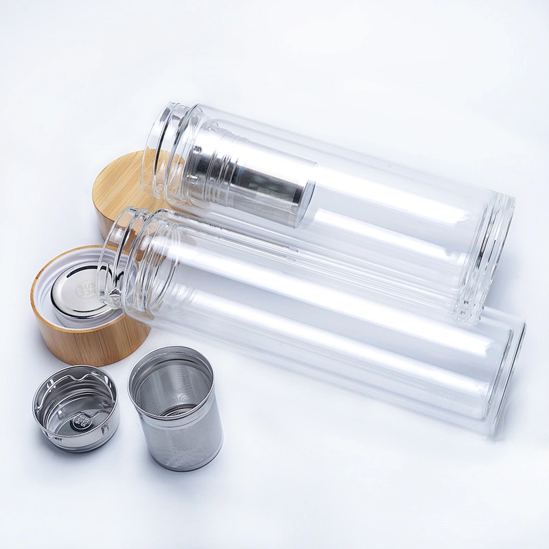 Petolar Manufacturer 400ml 500ml Double Wall Tea Infuser Glass Water Bottle Cup with Bamboo Lid