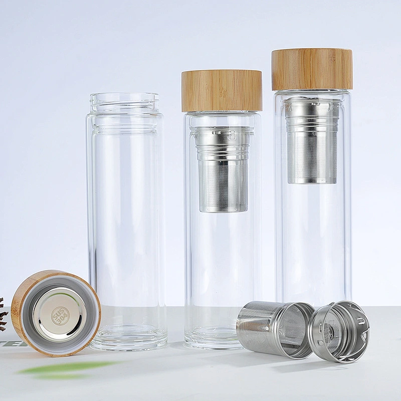 Laser engraved 500ml tea infuser infusion double wall bottle glass with bamboo lid