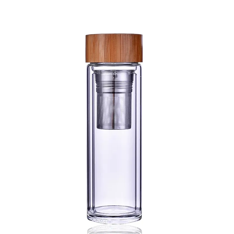 Laser engraved 500ml tea infuser infusion double wall bottle glass with bamboo lid