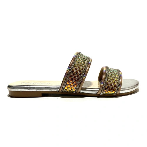 Ladies Flat Two Straps Sparkle Slide Sandals