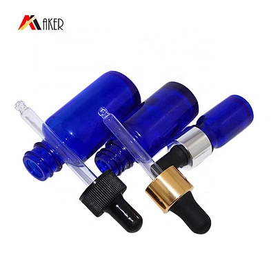 Wholesale 10ml 30ml 1oz blue essential oil glass dropper bottle with aluminum dropper