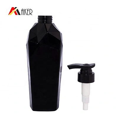 Empty custom 500ml black color unique shape PET plastic shampoo bottle with pump dispenser