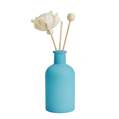 Decorative matte aquamarine blue empty round glass aromatherapy flower rattan reed diffuser bottle100ml with aluminium wooden co