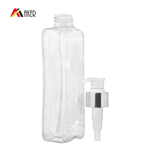 China supplier empty 350ml clear unique square pet plastic shower gel bottle with silver alumite covered lotion pump