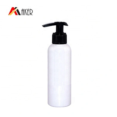 Wholesale 150ml boston round shape PET plastic cosmetic lotion bottle packaging with black plastic lotion pump