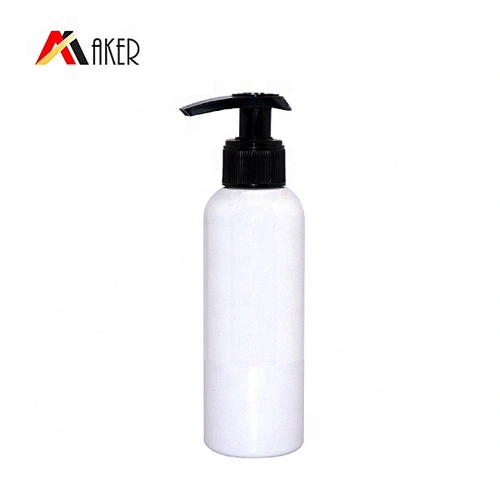 Wholesale 150ml boston round shape PET plastic cosmetic lotion bottle packaging with black plastic lotion pump