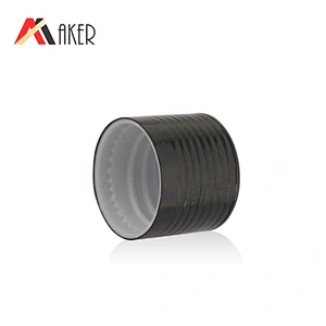 Wholesale 18mm black ribbed aluminum covered screw cap with plastic orifice reducer for cosmetic glass essential oil bottle