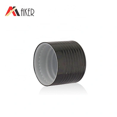 Wholesale 18mm black ribbed aluminum covered screw cap with plastic orifice reducer for cosmetic glass essential oil bottle