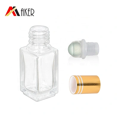 Newest design square shape empty clear 3ml roll on glass bottle for perfume oil with roller and cap