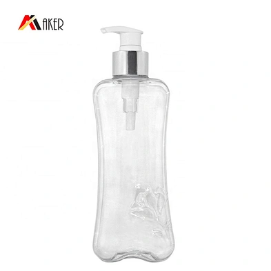 China supplier empty 350ml clear unique square pet plastic shower gel bottle with silver alumite covered lotion pump