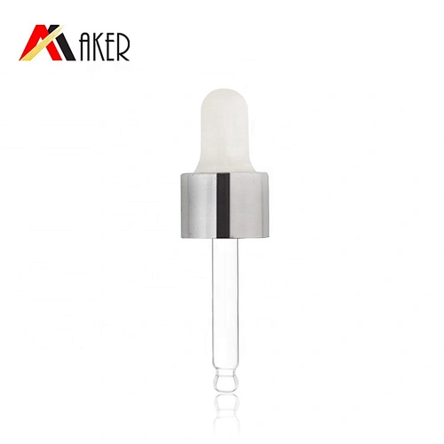 China manufacturer 18mm white rubber silver aluminum covered dropper for cosmetic essential oil glass bottle