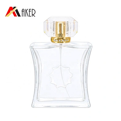 Luxury empty 100ml special shape clear crystal perfume glass bottle with gold aluminum sprayer acrylic cap