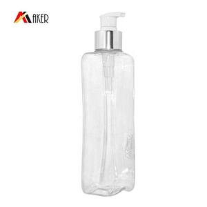 China supplier empty 350ml clear unique square pet plastic shower gel bottle with silver alumite covered lotion pump