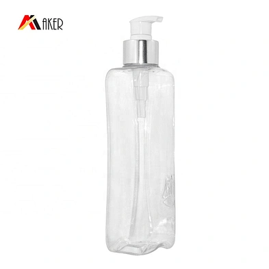 China supplier empty 350ml clear unique square pet plastic shower gel bottle with silver alumite covered lotion pump