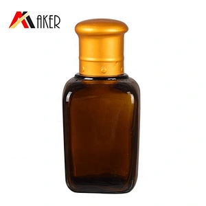Wholesale empty 25ml 40ml square semi-transparent amber glass essential oil bottle with gold aluminum covered screw cap