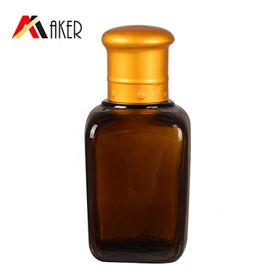 Wholesale empty 25ml 40ml square semi-transparent amber glass essential oil bottle with gold aluminum covered screw cap
