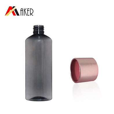 New arrival 100ml semi-transparent black plastic PET bottle for cosmetic packaging with rose gold luxury screw cap
