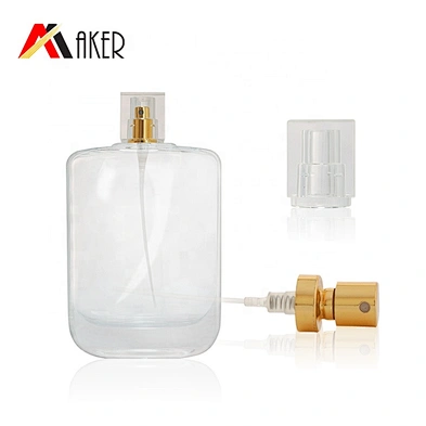 Flat square 100ml clear empty crystal perfume glass bottle packaging with gold aluminum mist sprayer and acrylic cap
