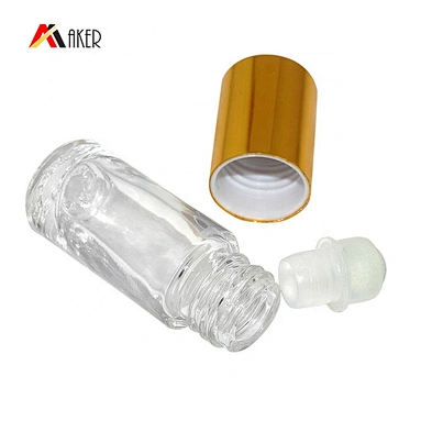 Empty clear round 5ml roll on glass bottle with gold aluminum cap