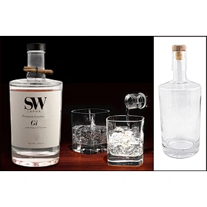 New wholesale price unique shape clear liquor glass bottle 750 ml with stopper