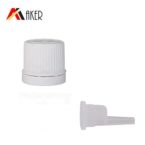 White plastic ribbed tamper proof screw cap and plastic orifice reducer for glass essential oil bottle