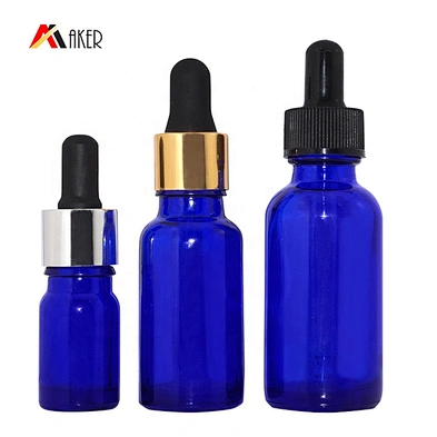 Wholesale 10ml 30ml 1oz blue essential oil glass dropper bottle with aluminum dropper