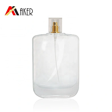 Flat square 100ml clear empty crystal perfume glass bottle packaging with gold aluminum mist sprayer and acrylic cap