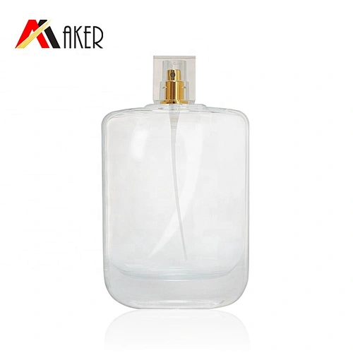 Flat square 100ml clear empty crystal perfume glass bottle packaging with gold aluminum mist sprayer and acrylic cap