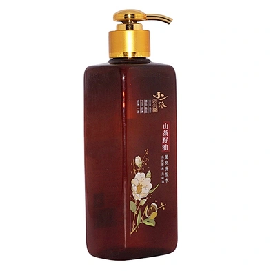 Custom 400ml amber square PET plastic empty shampoo lotion bottle with luxurious gold aluminum covered lotion pump