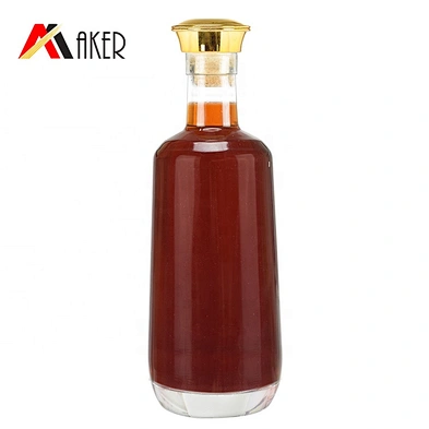 New arrival round shape 700ml clear empty glass liquor bottle with electroplating gold stopper