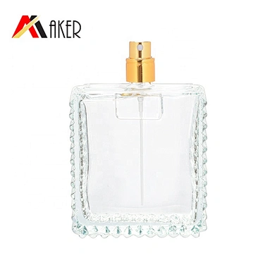 New design 100ml clear square crystal perfume glass bottle packaging with gold aluminum mist sprayer and acrylic cap