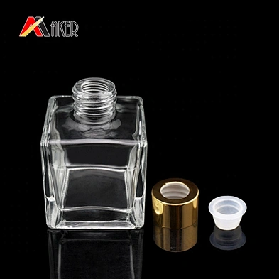 Hot sale 120ml clear square glass aroma diffuser bottle with gold aluminum covered screw cap and inner plug