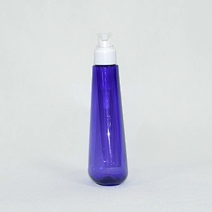 Empty custom 200ml blue color unique shape PET plastic shampoo bottle with pump dispenser