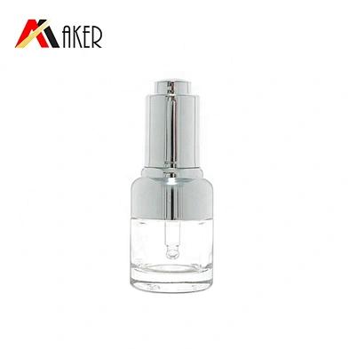 New luxury 20ml clear cosmetic glass essence bottle serum dropper bottle with silver electroplated press dropper cap