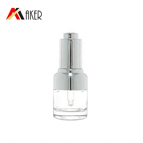 New luxury 20ml clear cosmetic glass essence bottle serum dropper bottle with silver electroplated press dropper cap