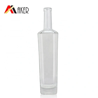 Wholesale 700ml empty clear cylinder square wine bottle special shape vodka glass bottle with silver aluminum covered cork