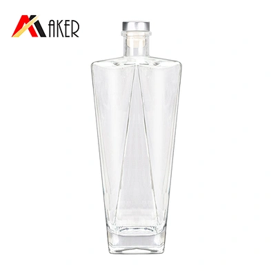 Wholesale clear square 750ml whisky empty glass wine bottles liquor bottle with silver aluminum covered rubber stopper