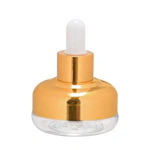 Luxury round clear 20ml cosmetic glass dropper lotion bottle with gold aluminum covered dropper cap