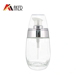Unique shape luxury 50ml clear cosmetic glass lotion dropper bottle with silver electroplated cream pump
