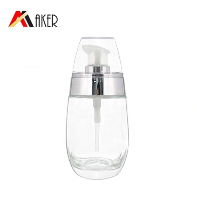 Unique shape luxury 50ml clear cosmetic glass lotion dropper bottle with silver electroplated cream pump