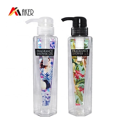Unique design 350ml empty PET luxury plastic shower gel bottle with pump wholesale