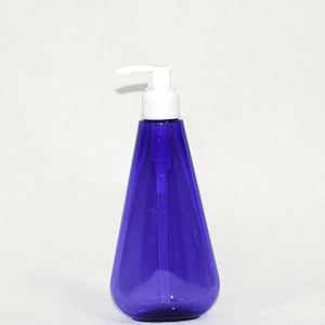Empty custom 200ml blue color unique shape PET plastic shampoo bottle with pump dispenser
