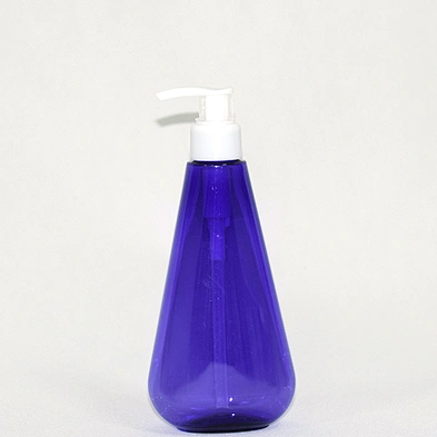 Empty custom 200ml blue color unique shape PET plastic shampoo bottle with pump dispenser