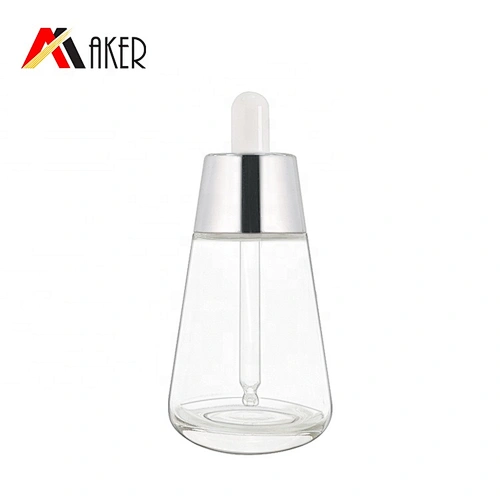 Unique design 50ml clear luxury cosmetic glass lotion bottle serum dropper bottle with silver electroplated dropper cap